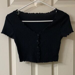🌷3 for $25🌷SHEIN, US XS, Black Short Sleeve Ribbed Lettuce Edge Crop Top